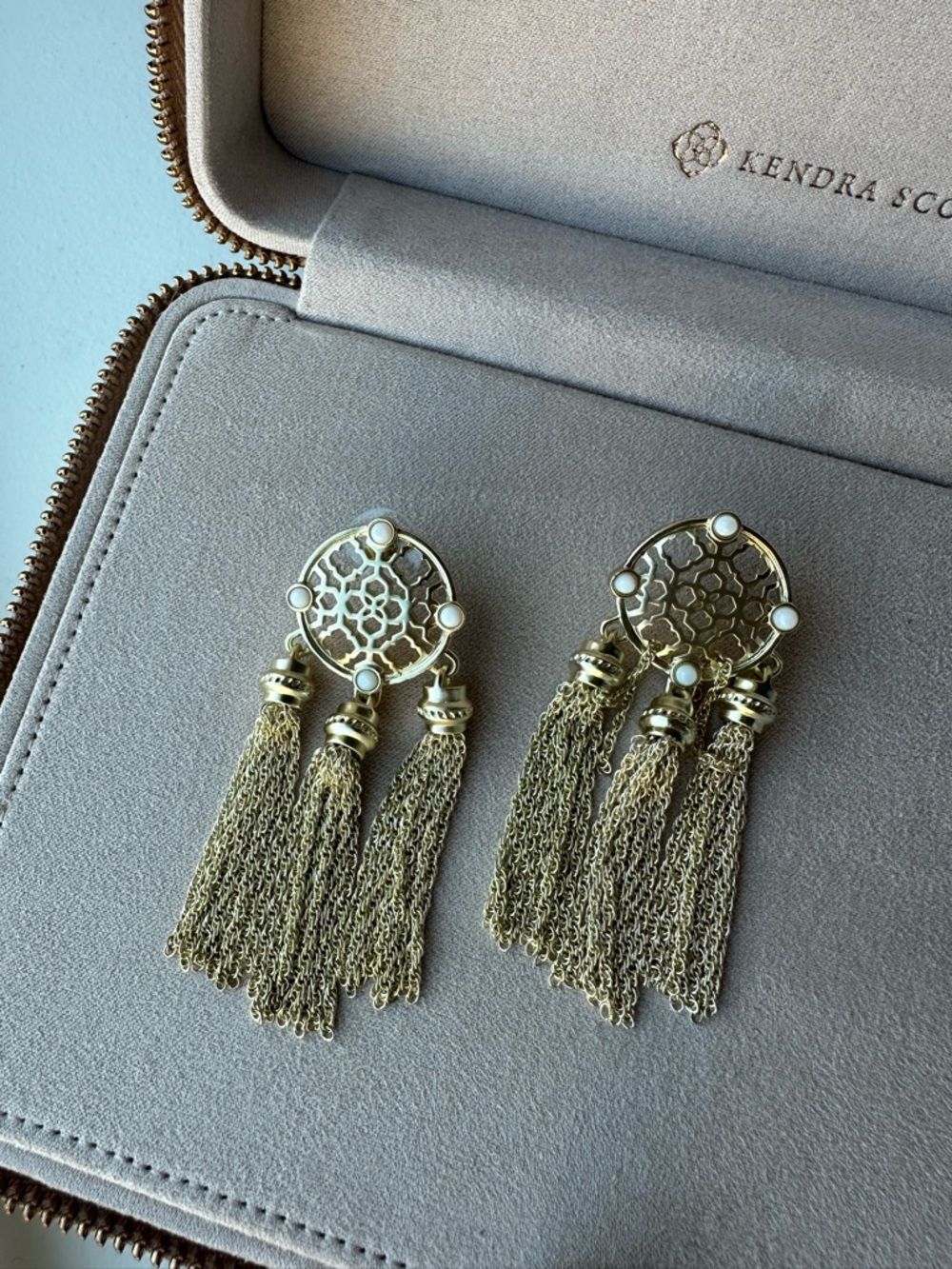Kendra Scott Gold Filigree Tassel Earrings with White Accents